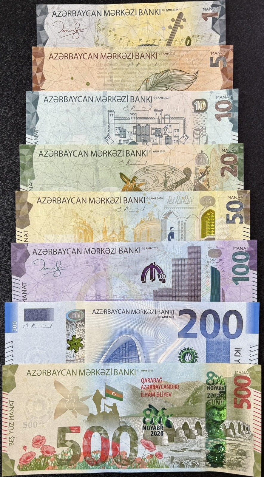 Azerbaijan SET 8 UNC 1 5 10 20 50 100 200 500 Manat 2018-2024 P 37 W38 - W43 W45