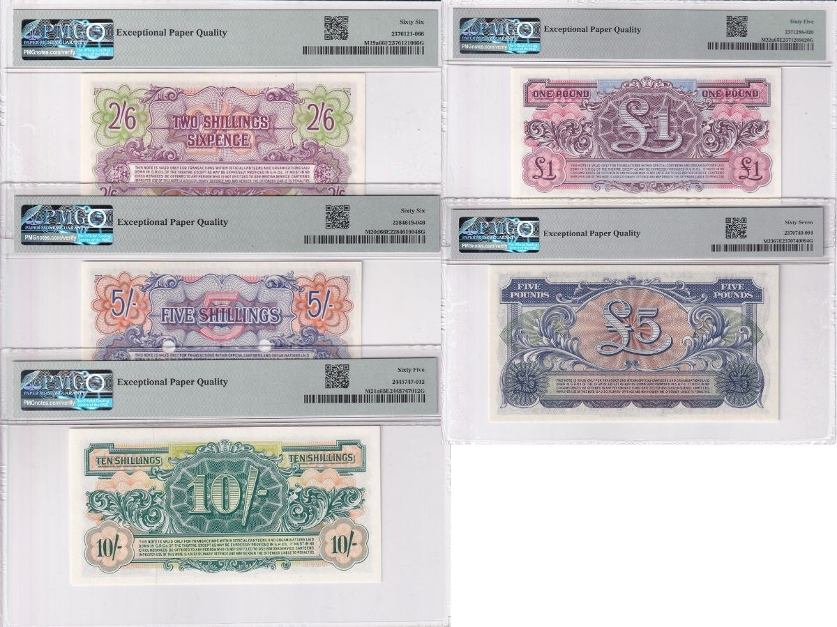 Great Britain Set 5, 2 5 10 Sh. 1 5 Pound P M19-M23 Gem UNC PMG 65 66 67 EPQ