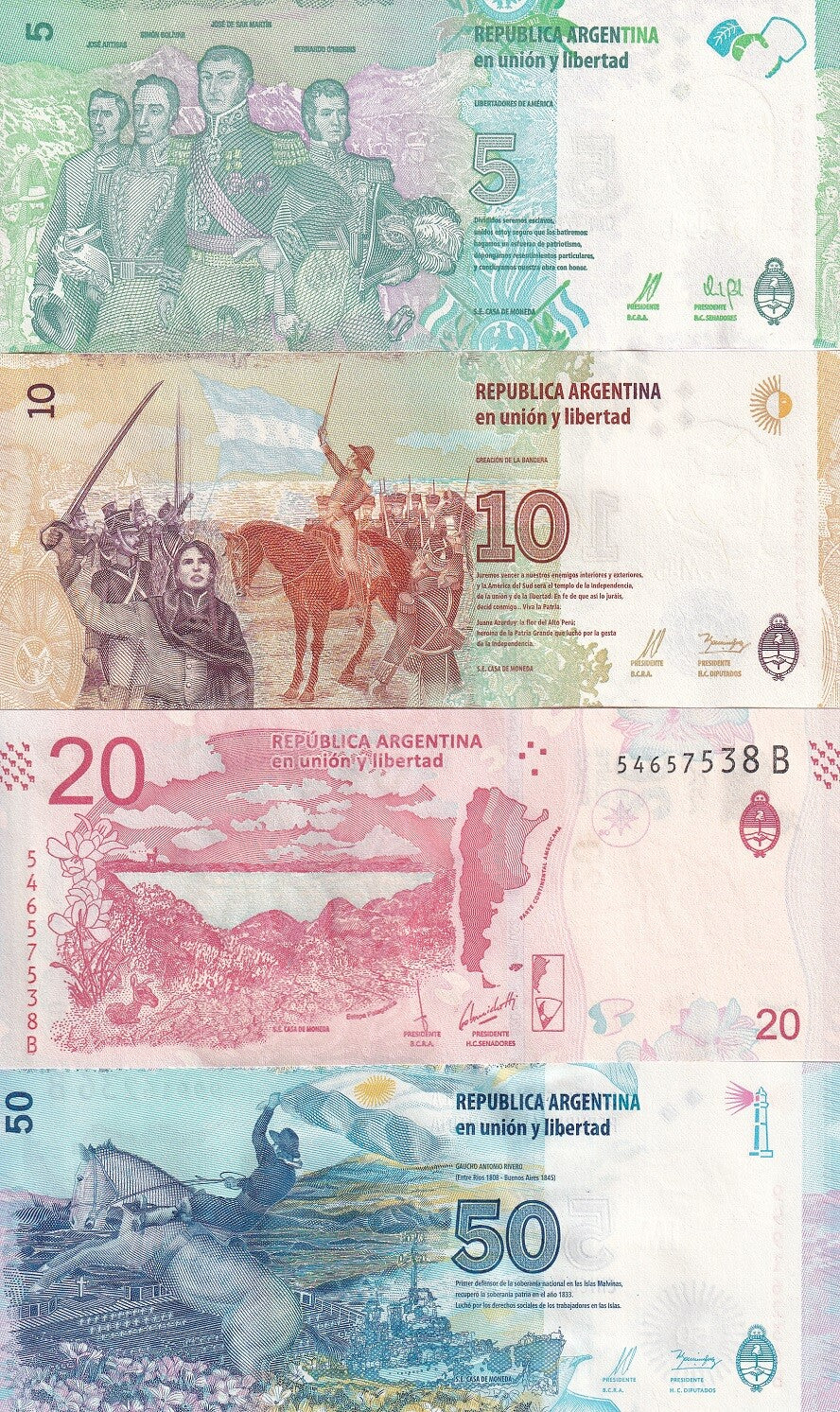 Argentina Set 4 UNC 5 10 20 50 Pesos ND 2015-2017 P 359 P 360 P 361 P 362