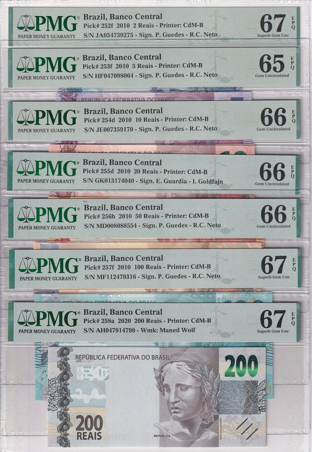 Brazil Set 7; 2 5 10 20-200 Reais 2010 P 252-P 258 Superb Gem UNC PMG 65-67 EPQ