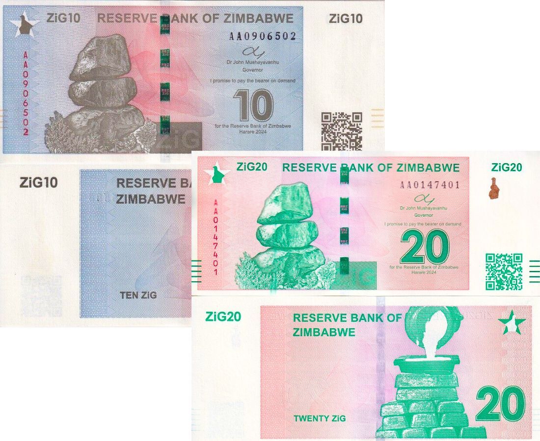 Zimbabwe SET 2 AUnc 10 20 ZiG 2024 P 110 111 AU Gold Reserve Backed With QR Code