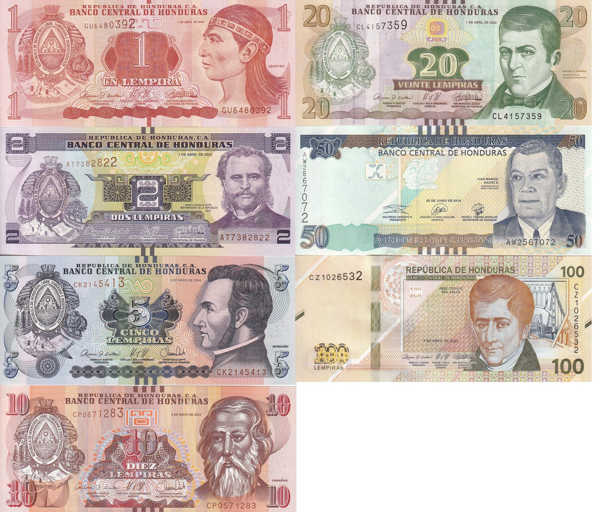 Honduras Set 7 Pcs 1-100 Lempiras Random Year P 96 97 98 99 100 101 112 UNC