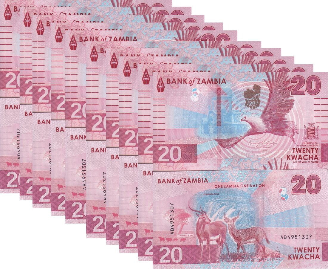 Zambia 20 Kwacha 2024 2025 P 63 Deer EAGLE UNC LOT 10 PCS