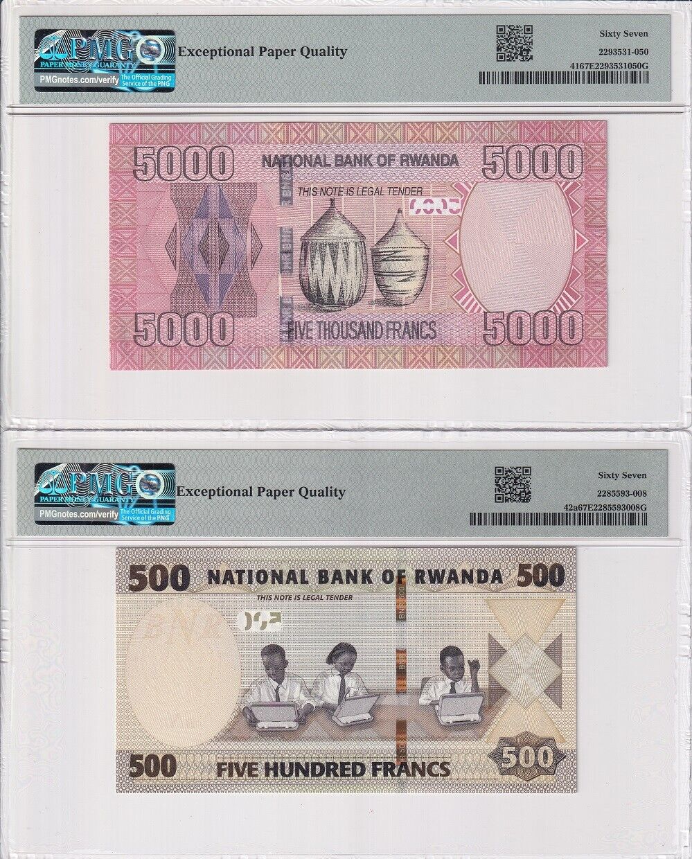 Rwanda Set 2; 500 5000 Francs 2014 2019 P 41 P 42 a Superb Gem UNC PMG 67 EPQ