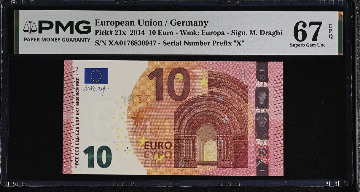 Euro 10 Euro Germany 2014 P 21 X Superb Gem UNC PMG 67 EPQ , Grade Note