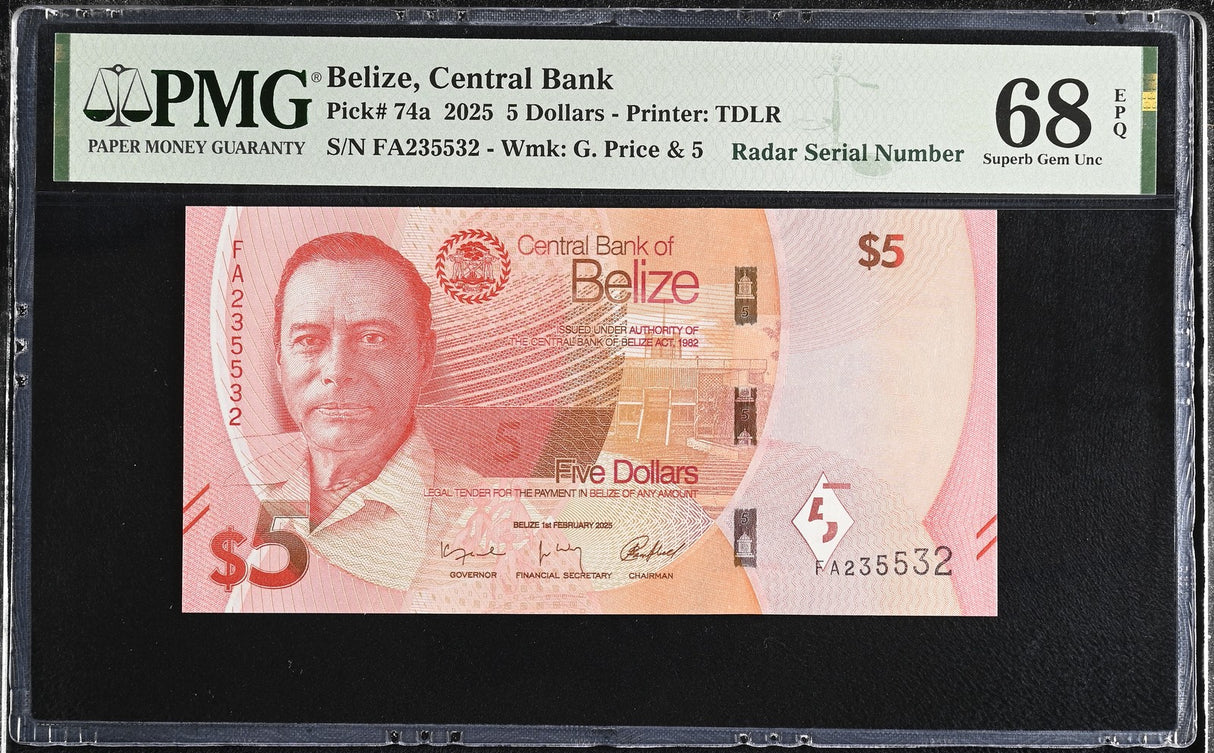 Belize 5 Dollars 2025 P 74 a RADAR Superb Gem UNC PMG 68 EPQ TOP POP