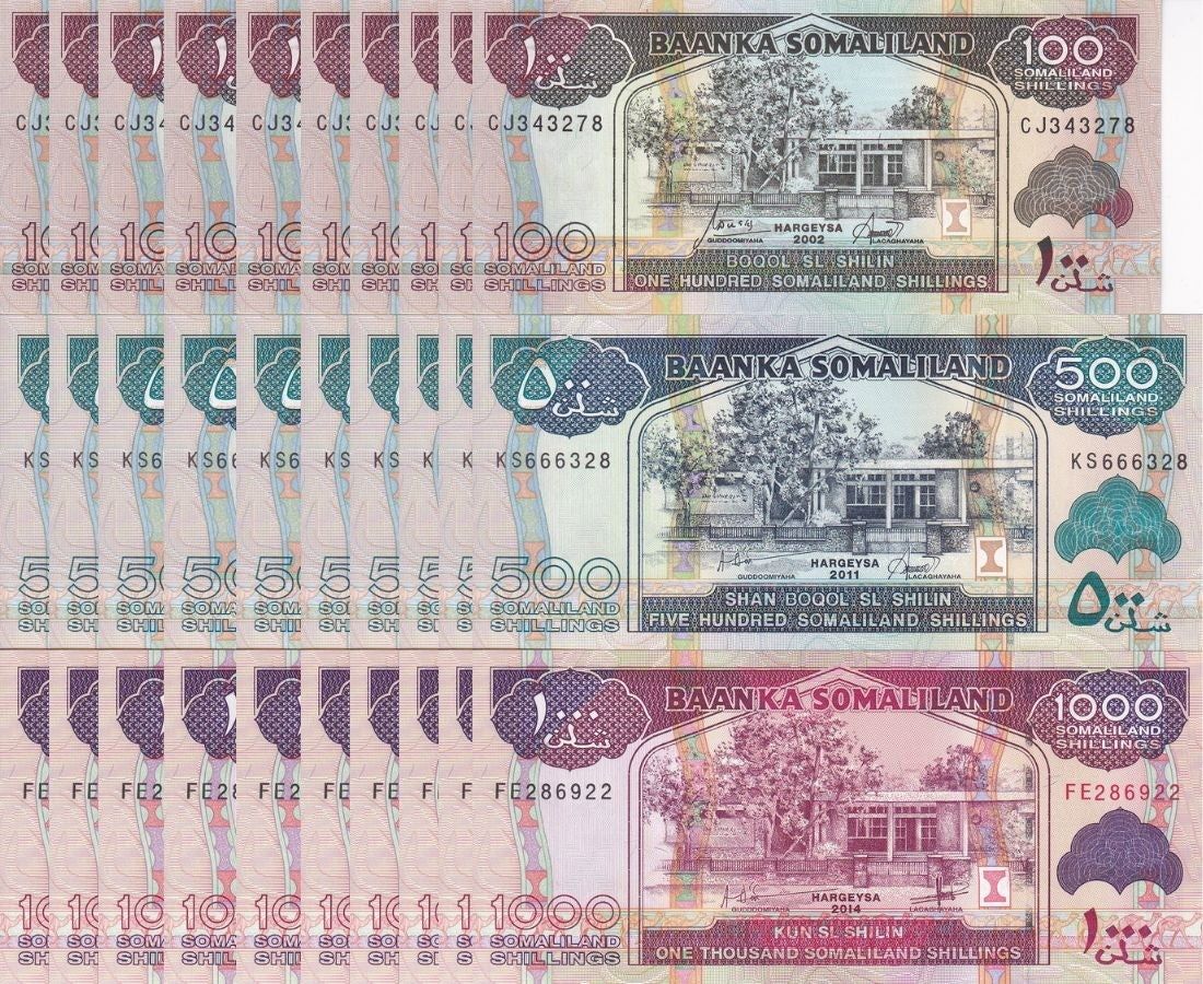 Somaliland SET 3 x Lot 10 = 30 UNC 100 500 1000 Shillings Random Date P 5 6 20