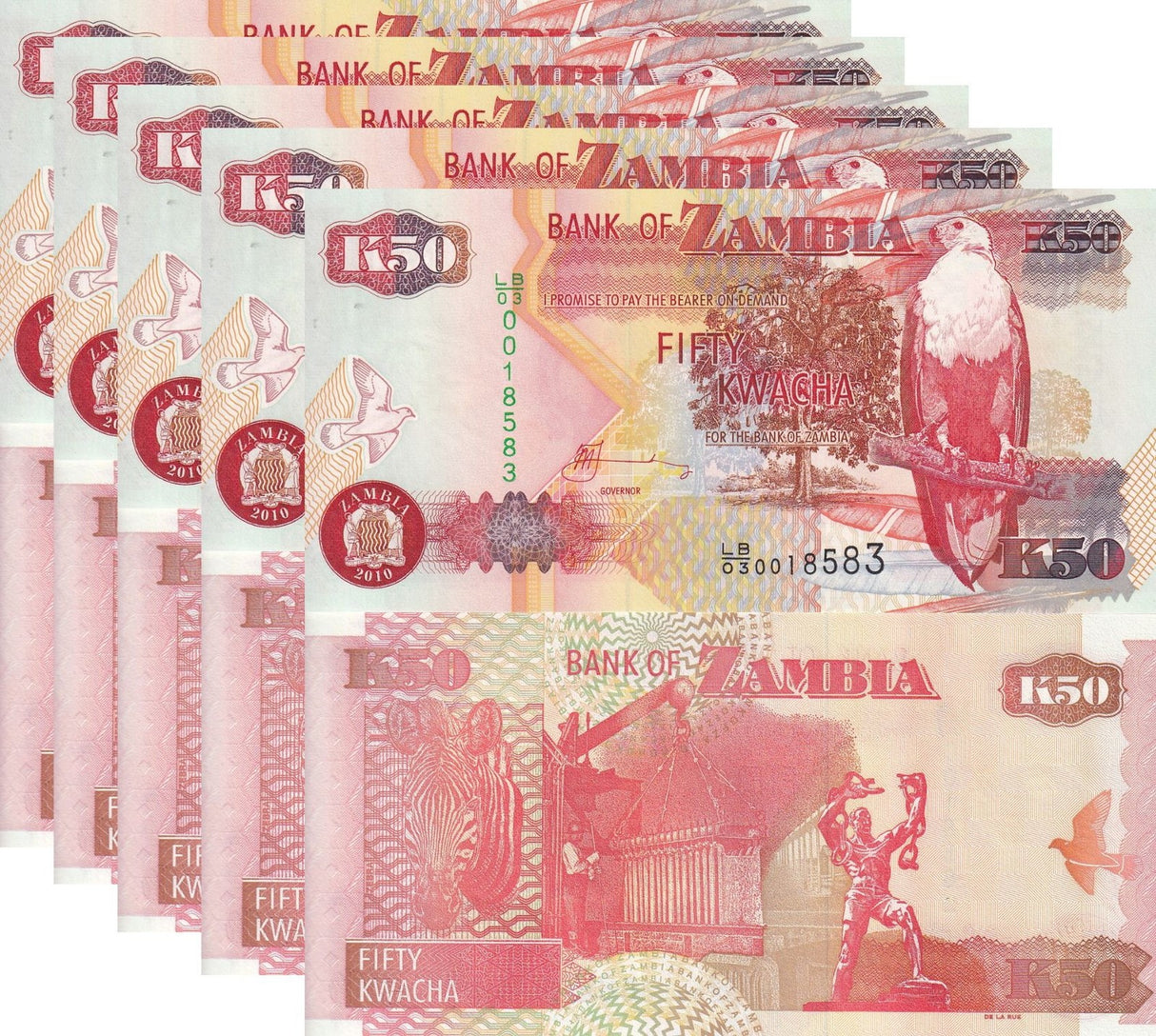 Zambia 50 Kwacha 2010 P 37 i UNC LOT 5 PCS