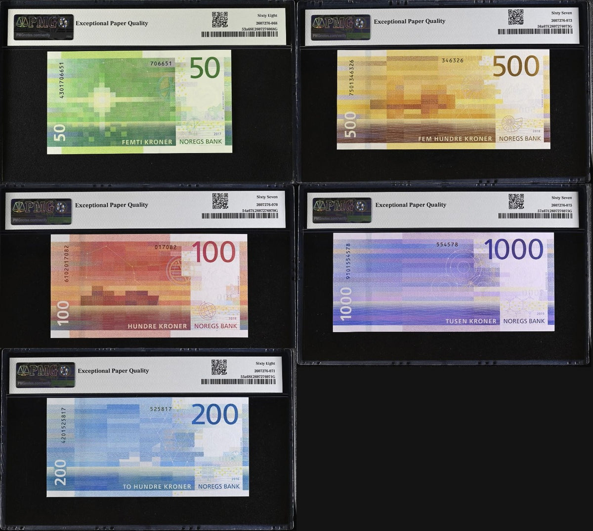 Norway Set 5; 50 100 200 500 1000 K. 2016-19 P 53-P 57 Superb UNC PMG 67 68 EPQ