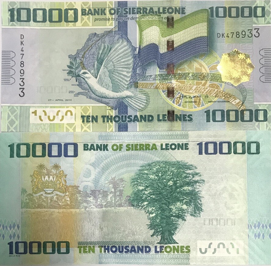 Sierra Leone 10000 Leones 2010 P 33 a UNC, Pigeon, Cotton Tree. Kapok tree