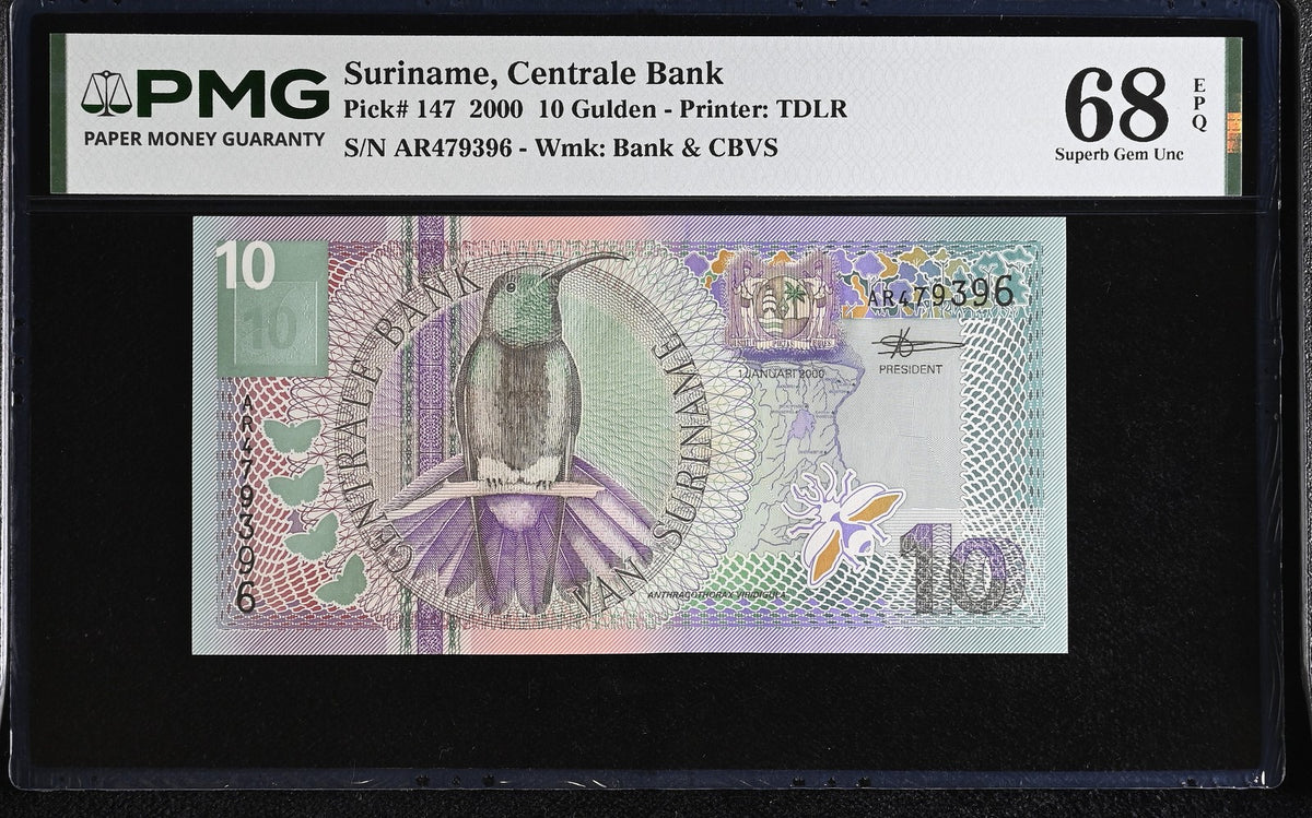 Suriname 10 Gulden 2000 P 147 Superb Gem UNC PMG 68 EPQ ,TDLR , TOP POP