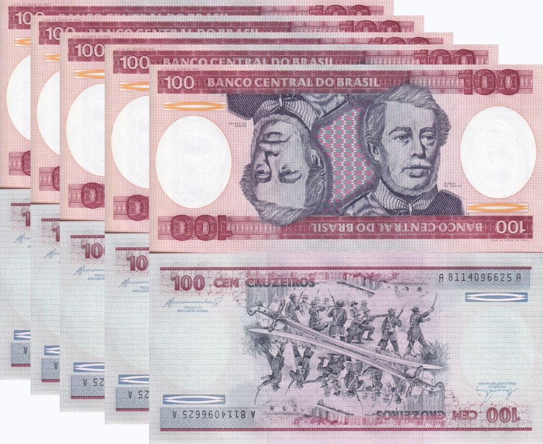 Brazil 100 Cruzeiros ND 1984 P 198 b UNC LOT 5 PCS