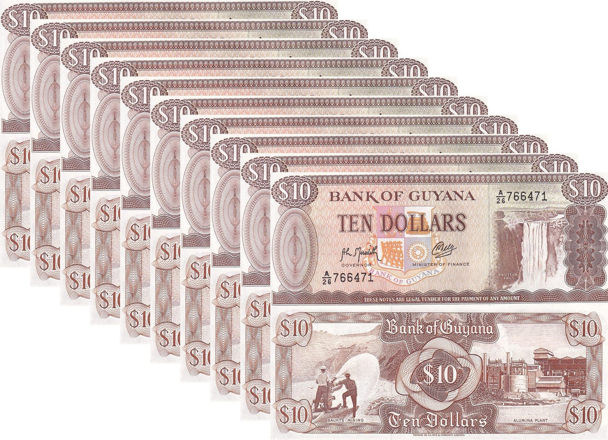 Guyana 10 Dollar 1992 P 23 f UNC LOT 10 PCS ,Kaieteur Falls Bauxite mining