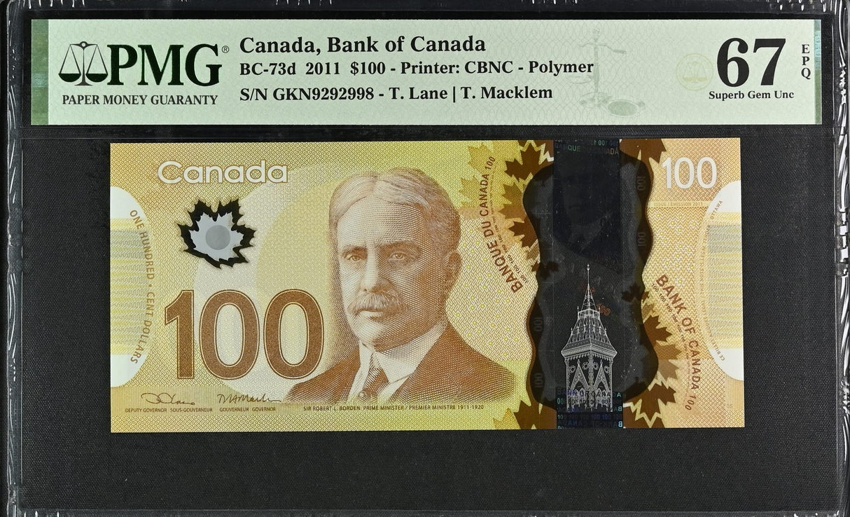 Canada 100 Dollars 2011 P 110 d Lane & Macklem Superb Gem UNC PMG 67 EPQ
