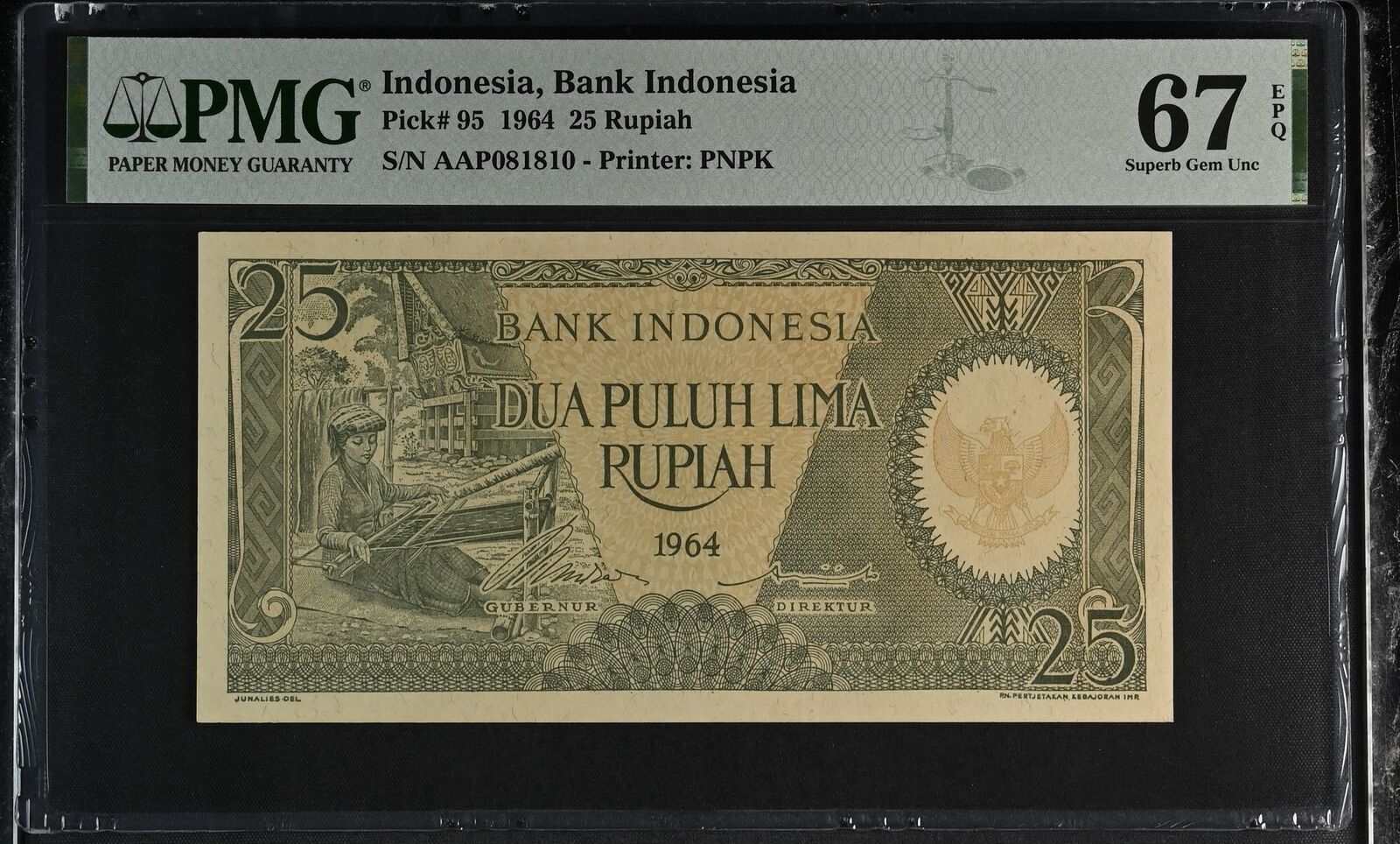 Indonesia 25 Rupiah 1964 P 95 Superb Gem UNC PMG 67 EPQ – Noteshobby