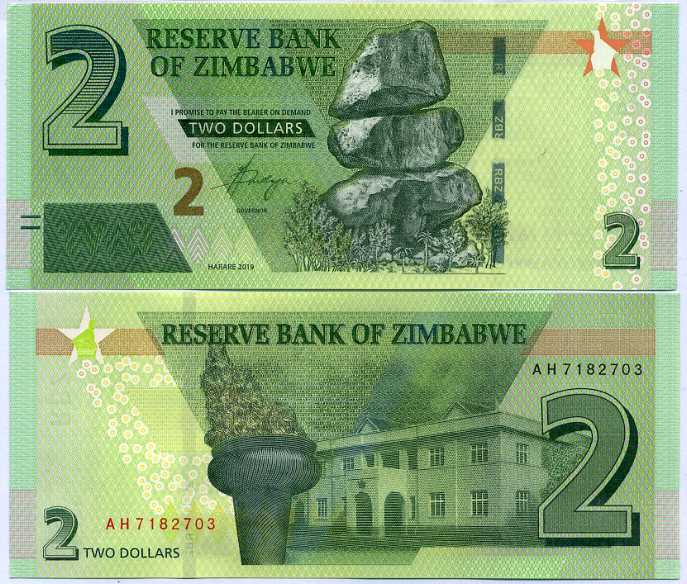 Zimbabwe 2 dollars 2019 P 101 UNC,Torch of Independence monument, Parliament Hou