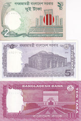 Bangladesh set 3 X LOT 10=30 PCS  2 5 10 Taka 2022-2024 P 52 54 64A UNC