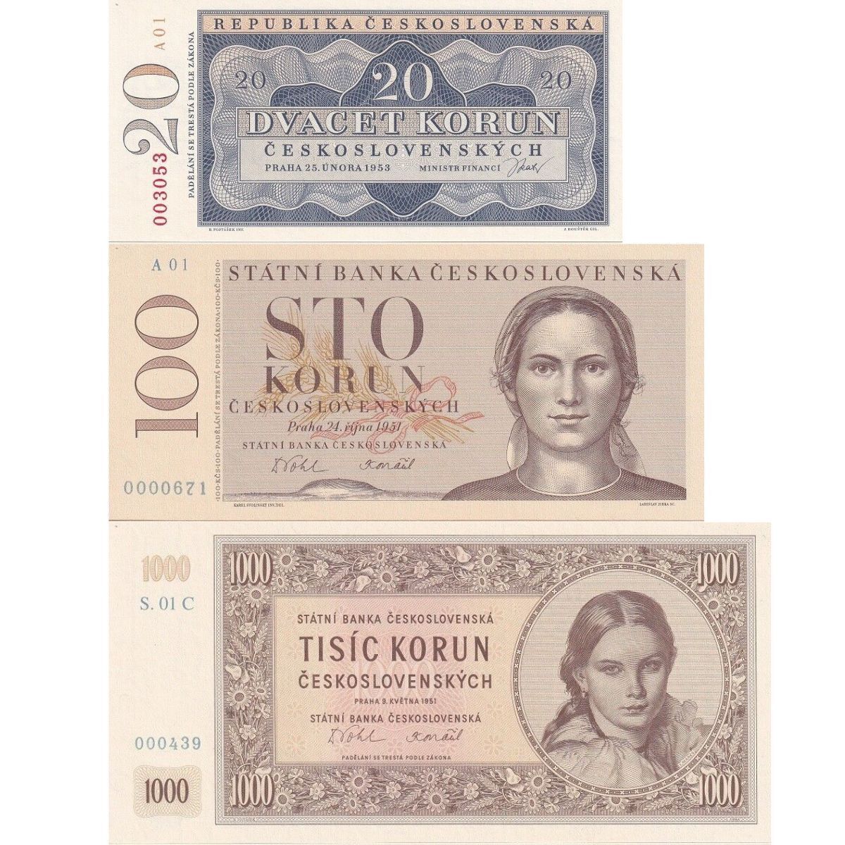 SET 3 Czechoslovakia 20-1000 Korun 1951-53 CNB Official Reprint P 72A 76 77 UNC