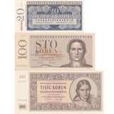 SET 3 Czechoslovakia 20-1000 Korun 1951-53 CNB Official Reprint P 72A 76 77 UNC