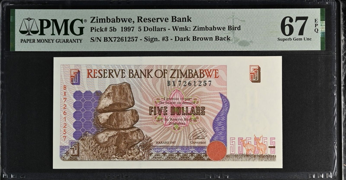 Zimbabwe 5 Dollars 1997 P 5 b Superb Gem UNC PMG 67 EPQ