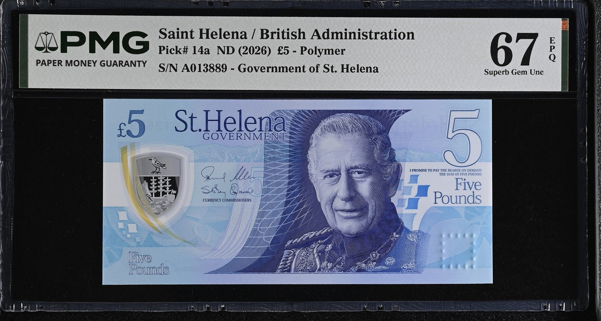 St. Helena 5 Pounds ND 2026 Polymer P 14 a Superb Gem UNC PMG 67 EPQ