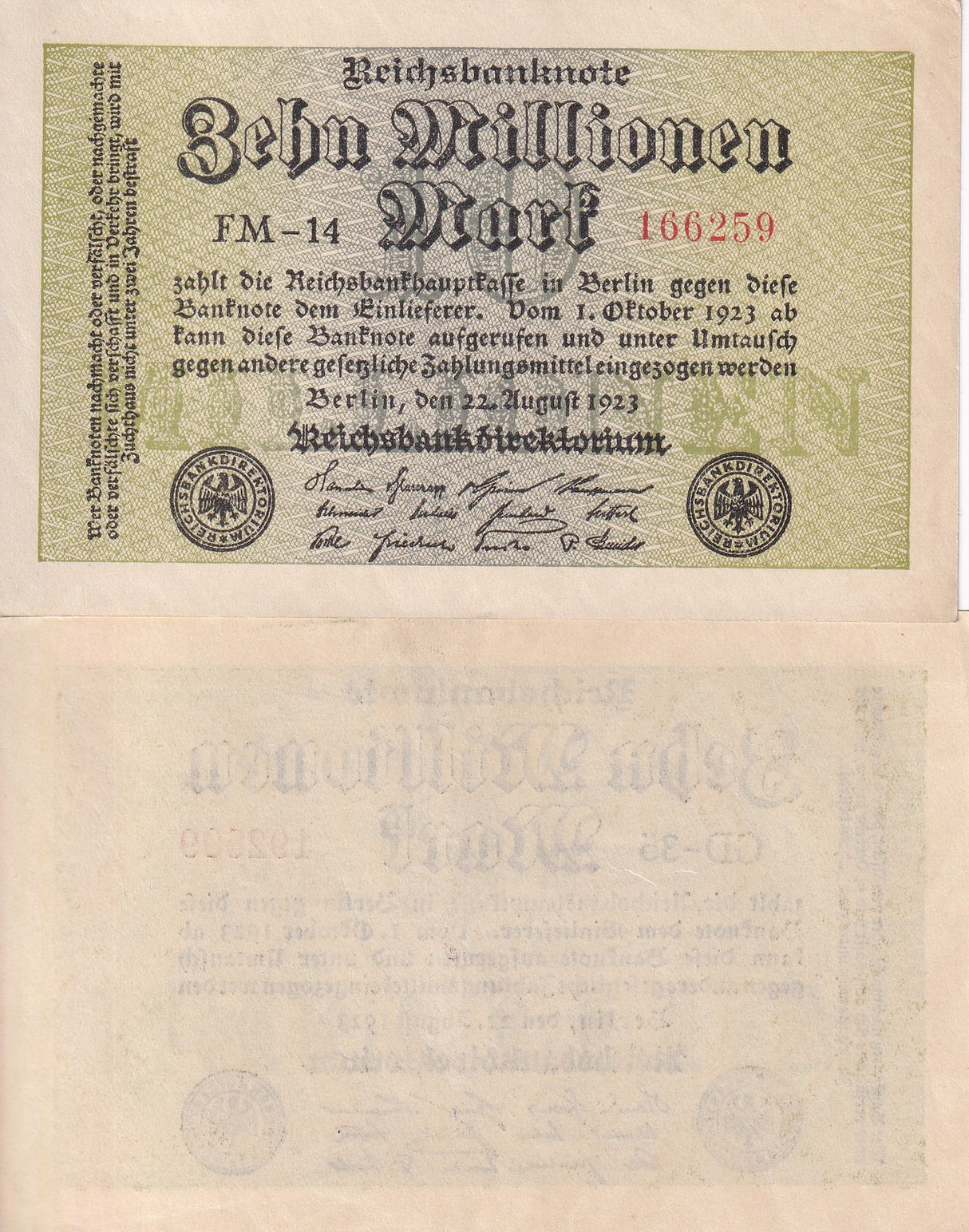 Germany 10 Millionen Mark 1923 P 106 a AUnc