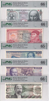 Mexico SET 5 PCS 10 20 50 100 500 Pesos 1977-84 P 63 64-79 Gem UNC PMG 65 66 EPQ
