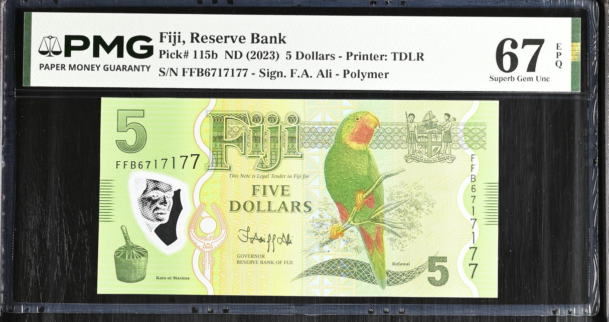 Fiji 5 Dollars ND 2023 P 115 b Nice 6717177 Superb Gem UNC PMG 67 EPQ