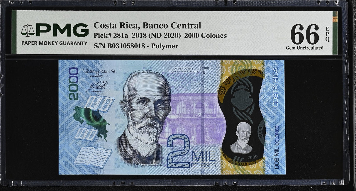 Costa Rica 2000 Colones 2018 ND 2020 P 281 a Polymer Gem UNC PMG 66 EPQ