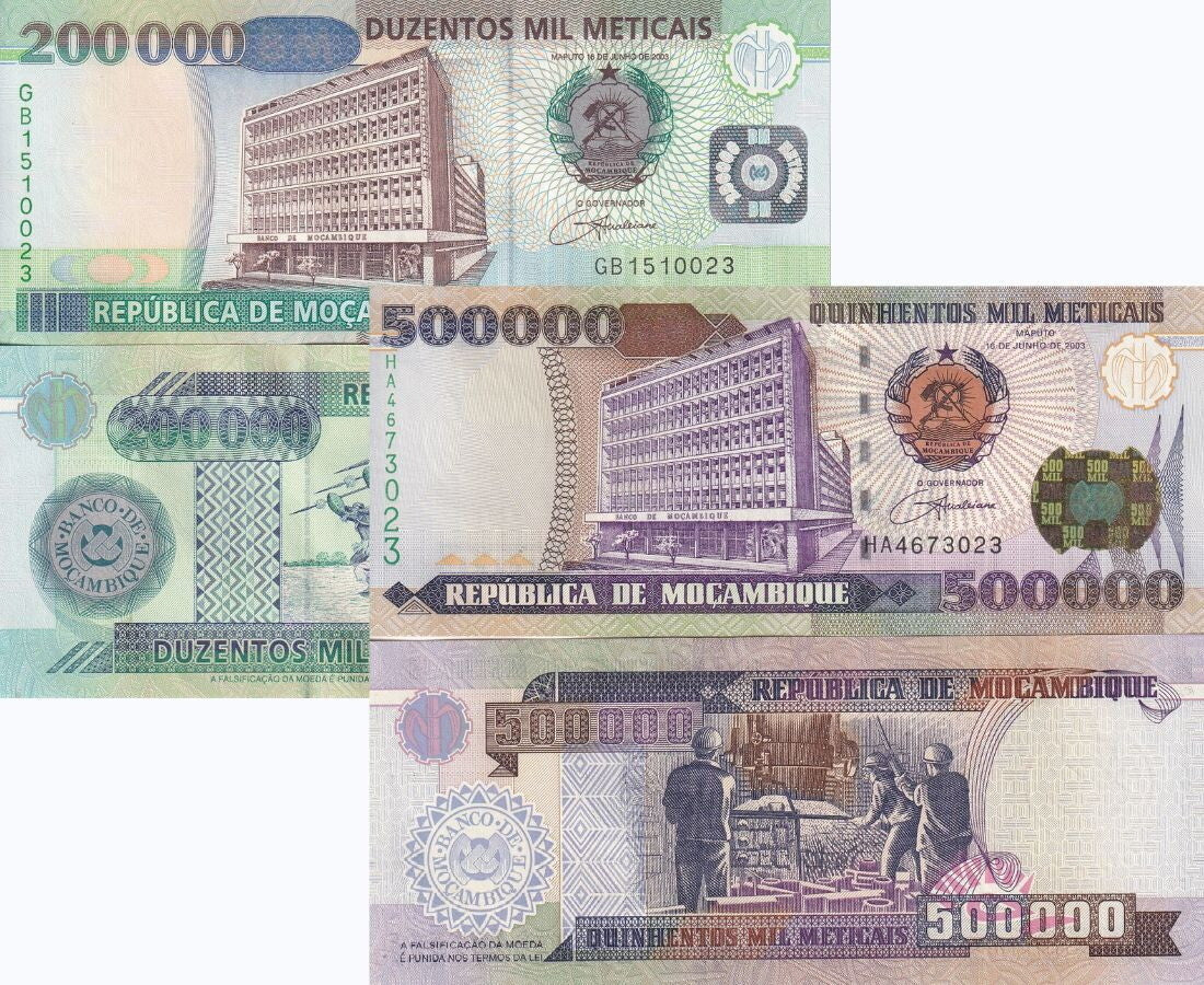 Mozambique Set 2 PCS 200000 500000 Meticais 2003 P 141 P 142 UNC