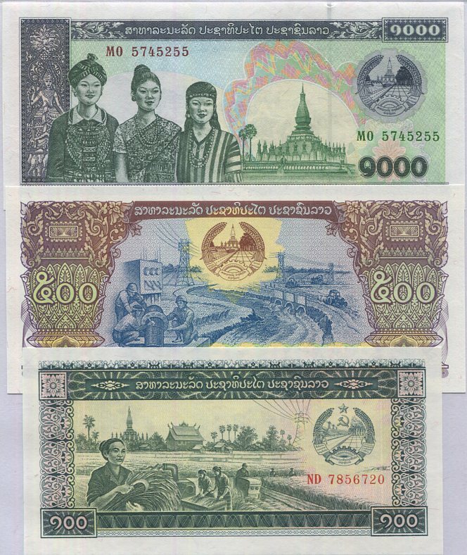 Laos Set 3 UNC 100 500 1000 KIP Random Date P 30 31 32