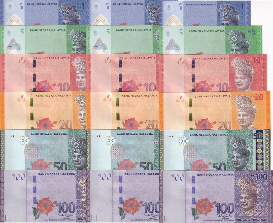 Malaysia Set 6 X LOT 3 = 18 UNC 1 5 10 20-100 Ringgit ND 2011-2024 P 50 P 56