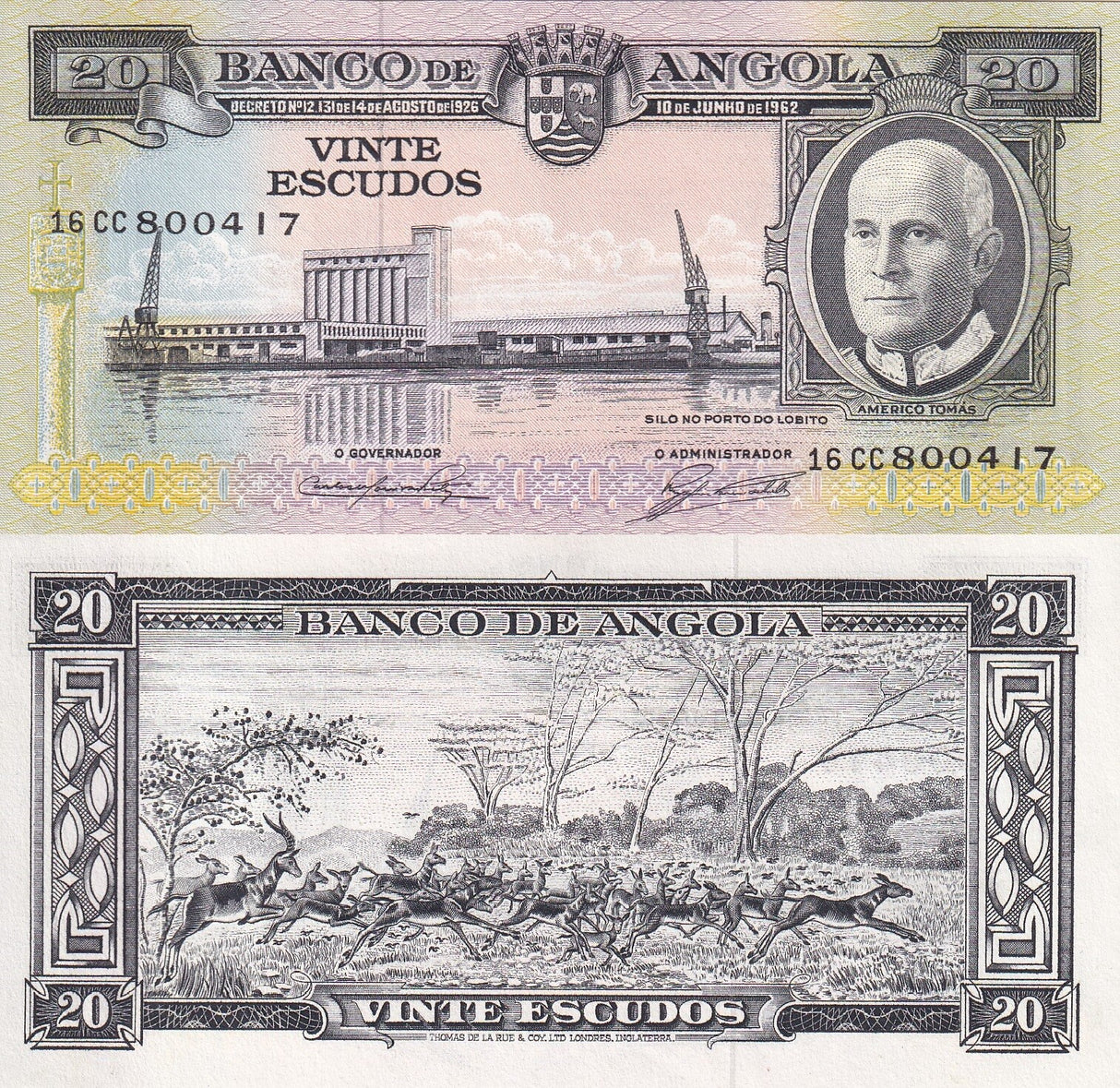Angola 20 Escudos 1962 P 92 Antelopes Port of Lobito, Americo Tomas, UNC