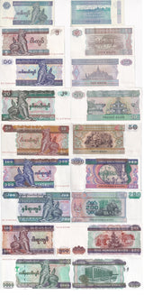 Myanmar set 9 UNC 1 5 10 20 50 100 200 500 1000 Kyats 1995-2004 P 69 70 -79 80