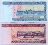 Myanmar Set 2 Pcs 500 1000 Kyats ND 2019 2020 P 85 86 AUnc