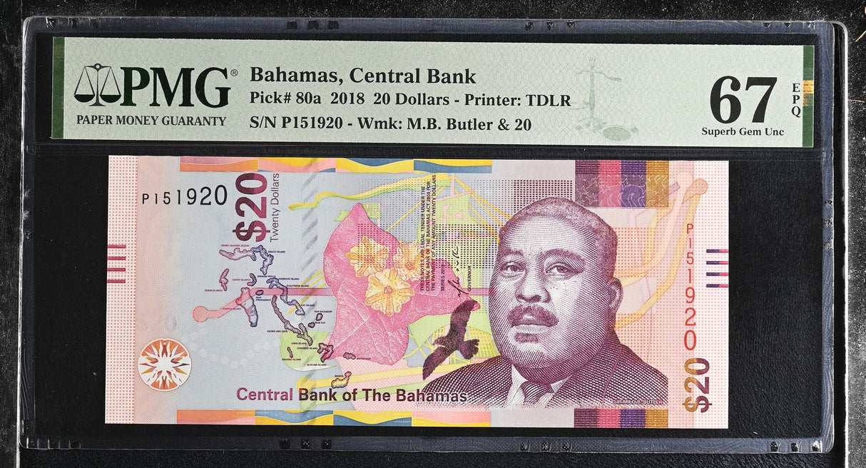 Bahamas 20 Dollars 2018 P 80 a Superb Gem UNC PMG 67 EPQ
