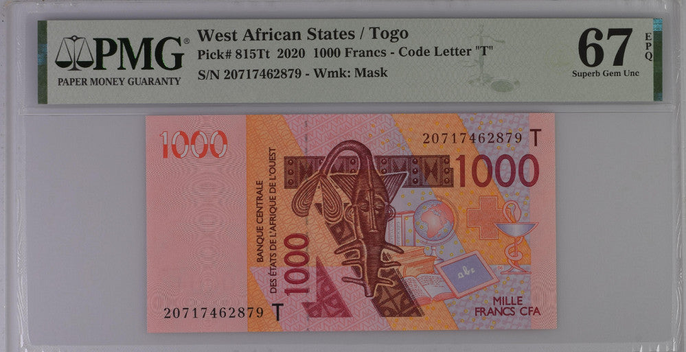 West African States Togo 1000 Francs 2020 P 815Tt Gem Superb UNC PMG 67 EPQ