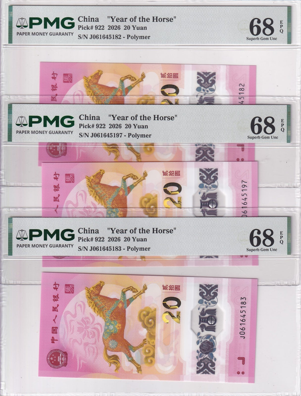 China Lot x 3;20 Yuan 2026 P 922 Horse Polymer Superb Gem UNC PMG 68 EPQ