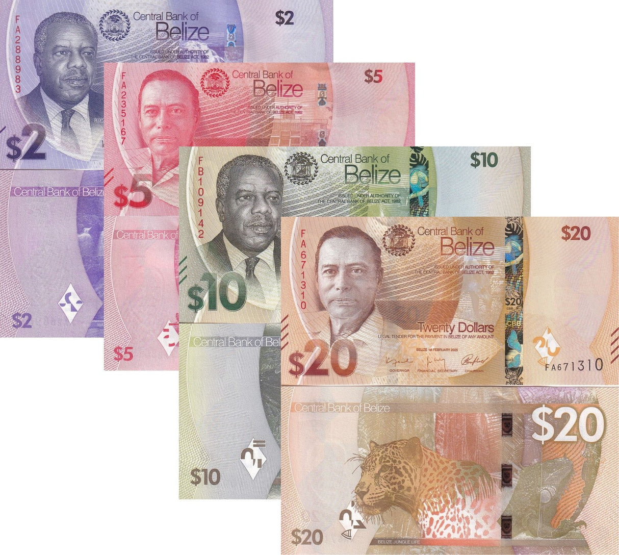 Belize set 4 UNC 2 5 10 20 Dollars 2025 P NEW 73 74 75 76