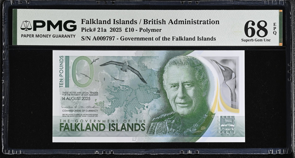 Falkland Islands 10 Pounds 2025 P 21 NICE 9797 Polymer Superb Gem UNC PMG 68 EPQ