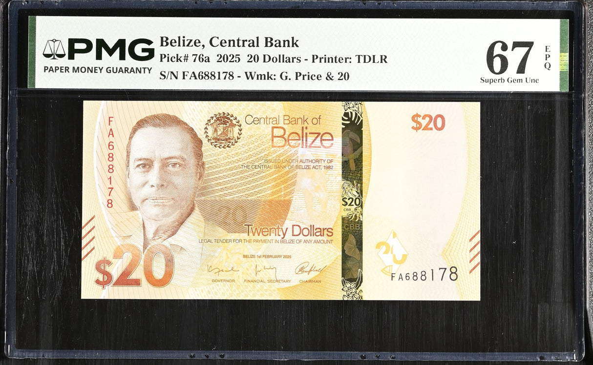 Belize 20 Dollars 2025 P 76 a Superb Gem UNC PMG 67 EPQ