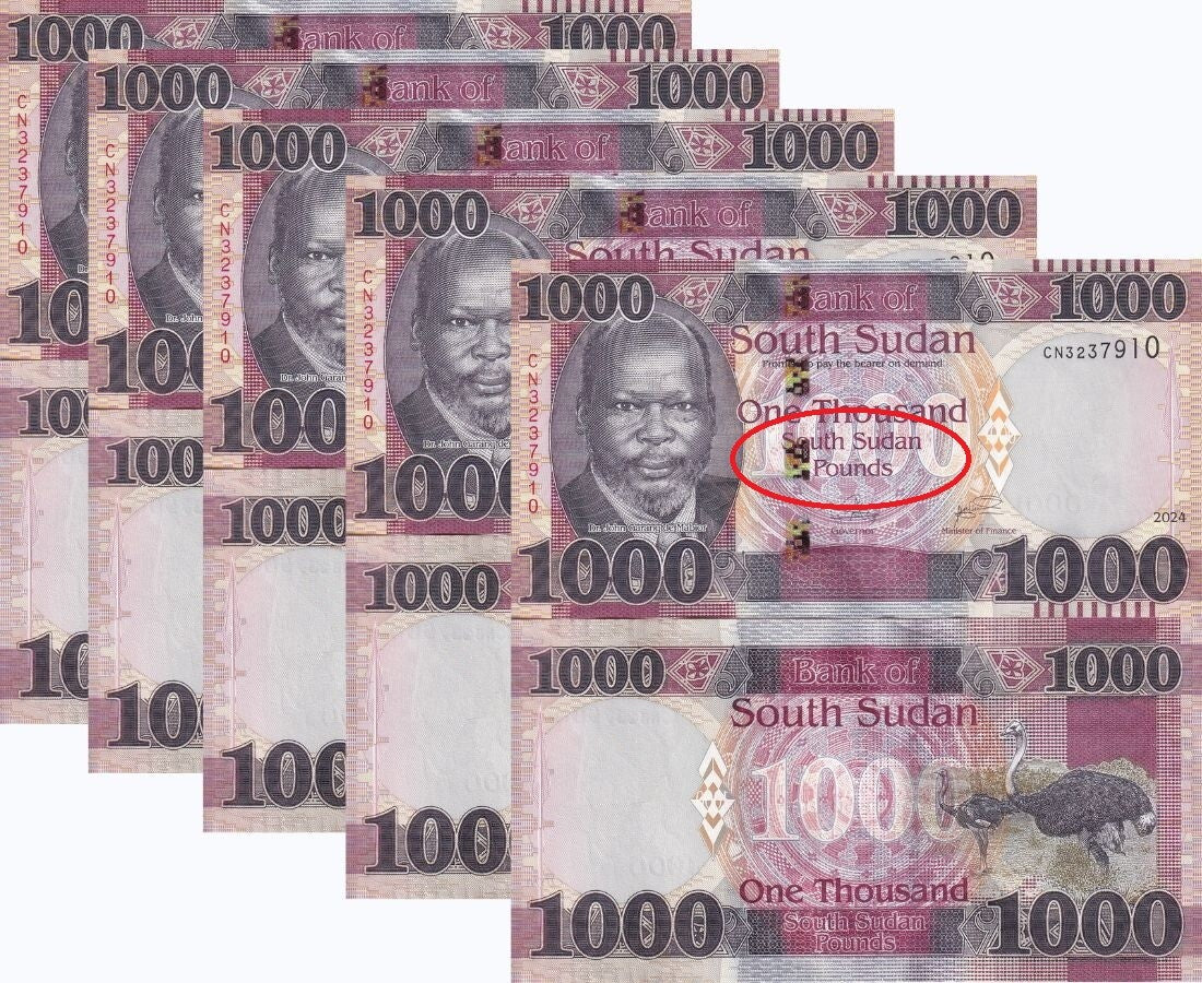 South Sudan 1000 Pounds 2024 P 21 NEW Letter LOT 5 UNC ,Ostriches