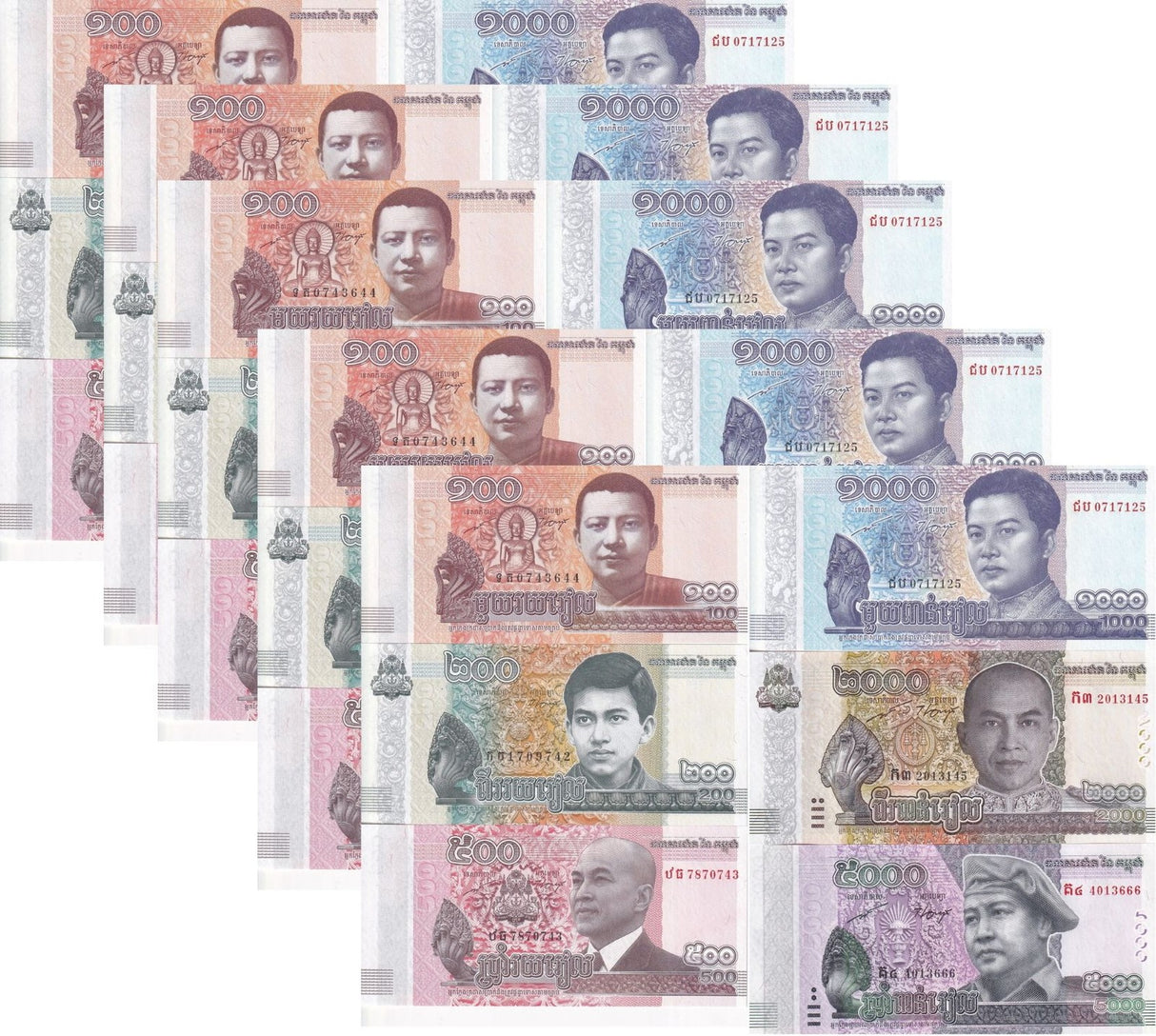 Cambodia Set 6 x Lot 5= 30 UNC 100 200 500 - 5000 Riels Random Year P 65 66 - 68