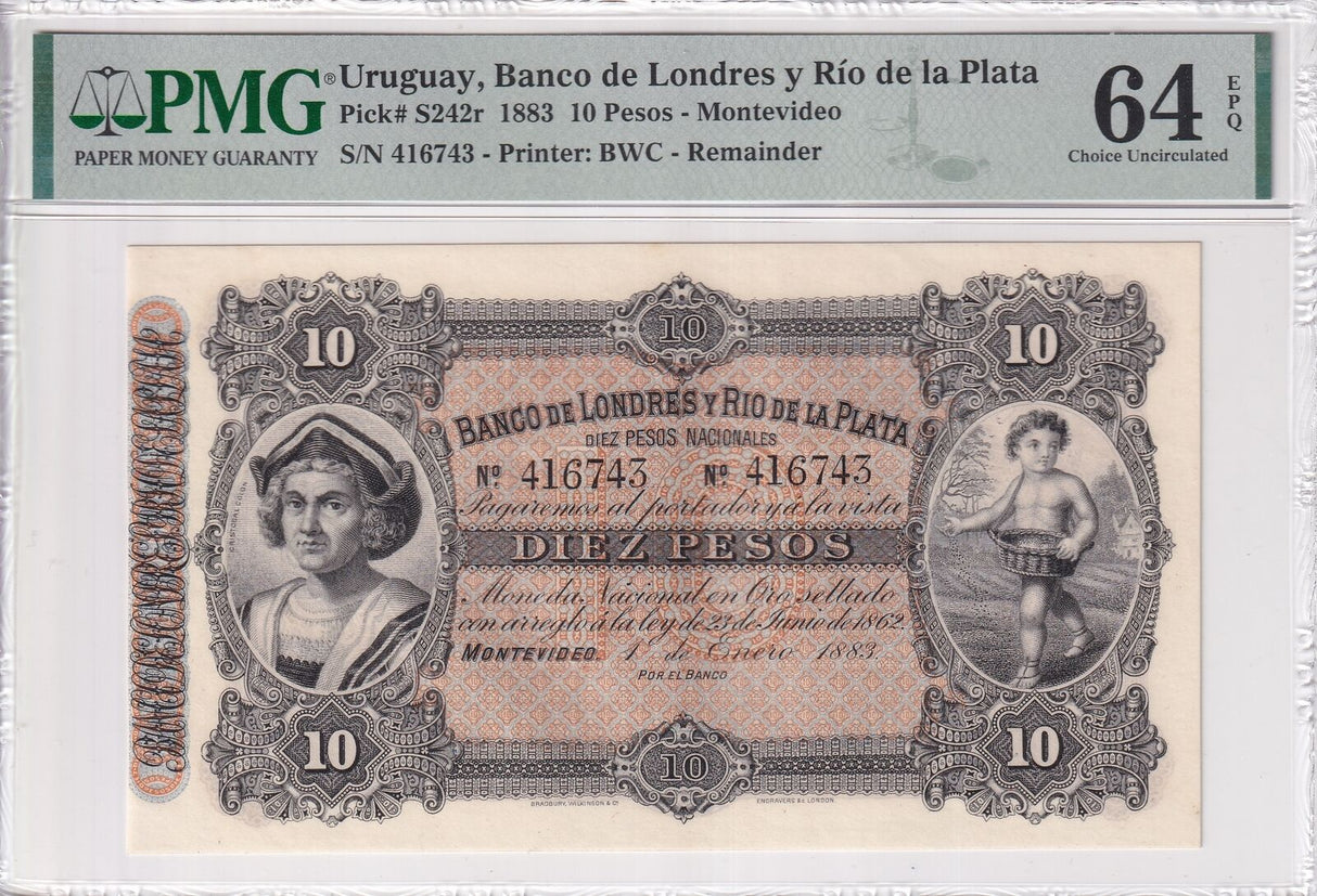 Uruguay 10 Pesos 1883 P S242 r Choice UNC PMG 64 EPQ