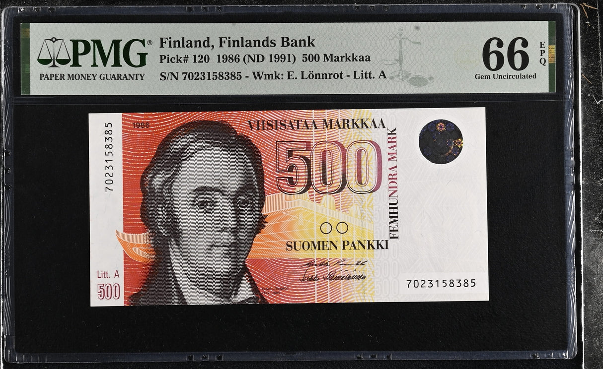 Finland 500 Markkaa 1986 ND 1991 P 120 Gem UNC PMG 66 EPQ