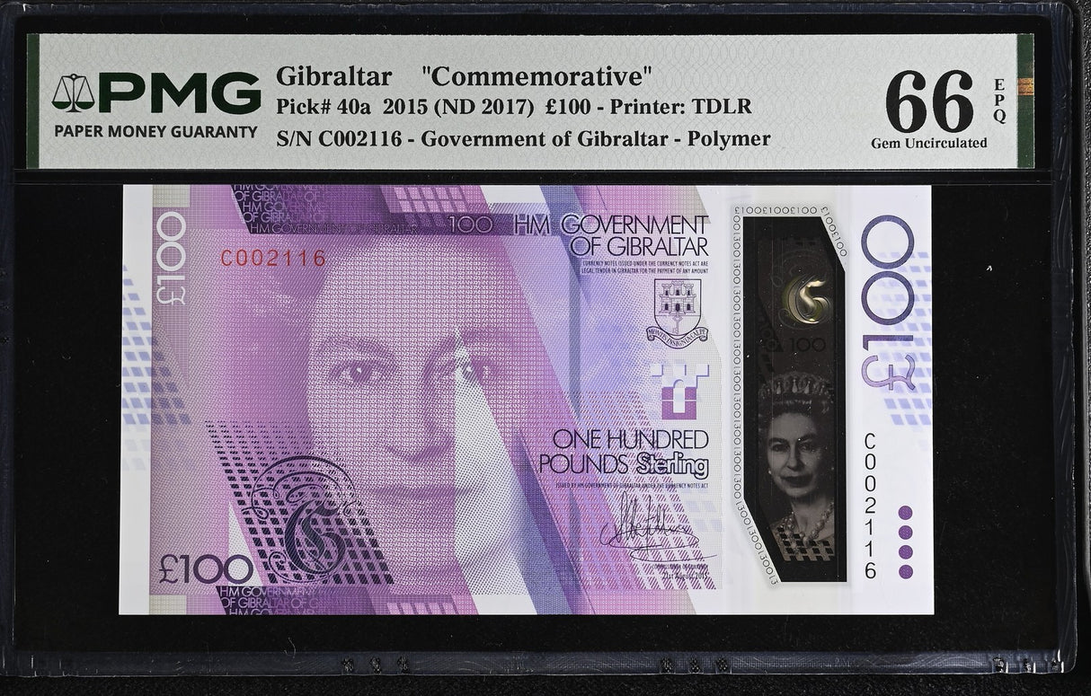Gibraltar 100 Pounds 2015 ND 2017 P 40 a Comm. Polymer QE II Gem UNC PMG 66 EPQ