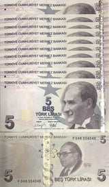Turkey 5 Lira 2009 P 222 Mixed Prefix & Year UNC LOT 10 PCS, Prof Dr. Aydın