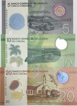 Nicaragua Set 3 Pcs 5 10 20 Cordobas 2019-2022 P 209 210 219 Polymer UNC