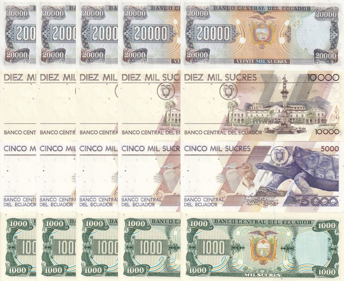 Ecuador Set4 xLot 5 UNC 1000 5000 20000 50000 Sucres 1988 1999 P 125 127 128 129