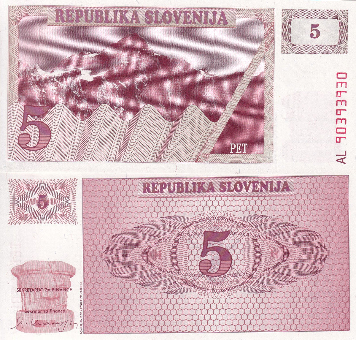 Slovenia 5 Tolarjev 1990 P 3 UNC, Terglou mountain, Julian Alps